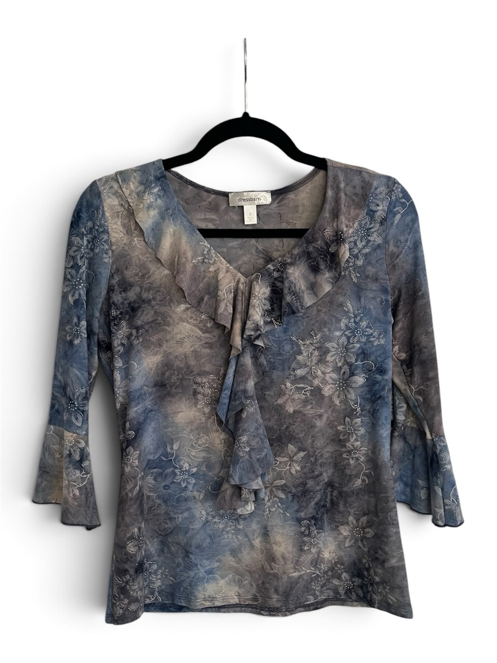Dressbarn Y2K Fairy Goth Sheer Floral Mesh Ruffle Top Blue Gray Bell Sleeve S